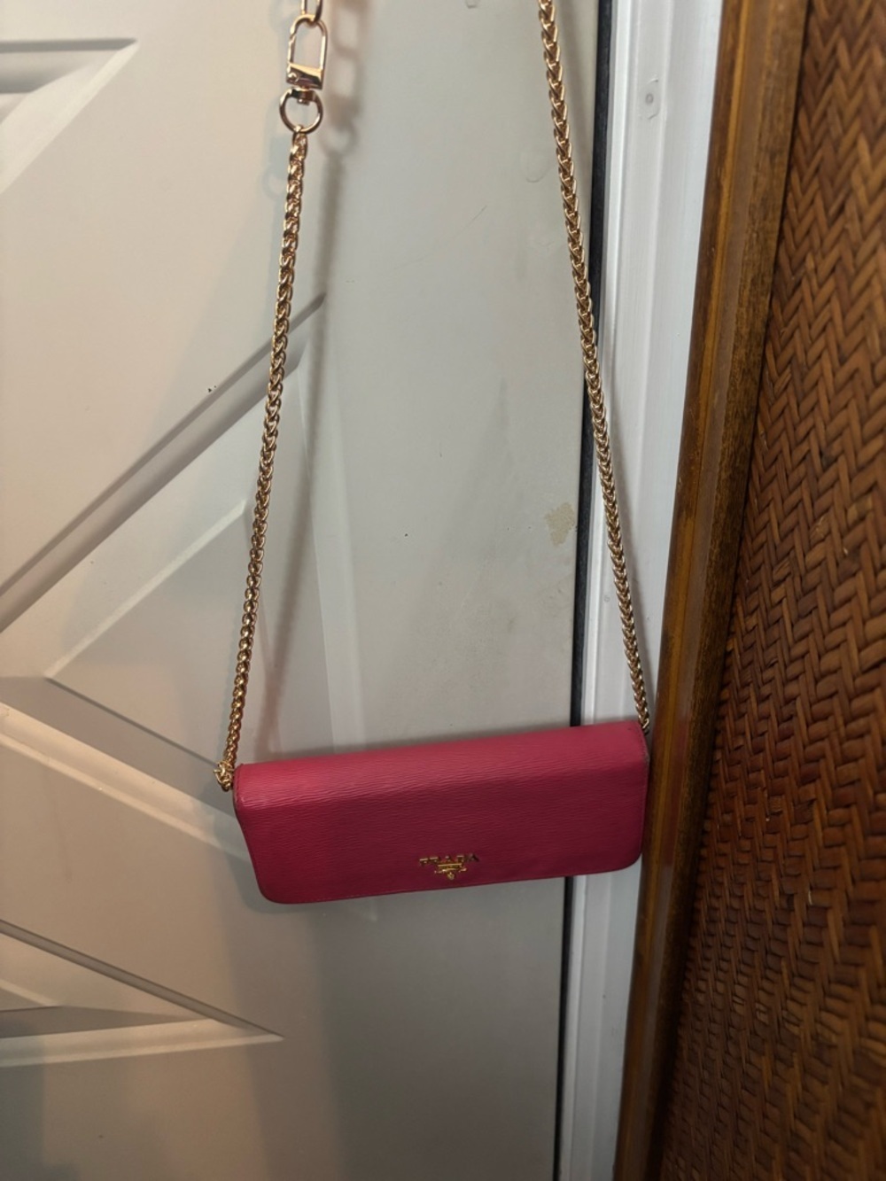 AuthenticWOC-Prada Pink Saffiano Leather Long Bifold Wallet Removable Gold Chain - Picture 9 of 11